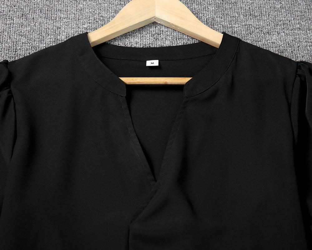Women's Black Shift Dress with Ruffle Sleeves and V-Neck - Maisie London