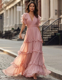 Women's Chiffon Tiered Maxi Dress with Flutter Sleeves and V-Neck - Maisie London
