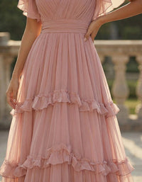 Women's Chiffon Tiered Maxi Dress with Flutter Sleeves and V-Neck - Maisie London