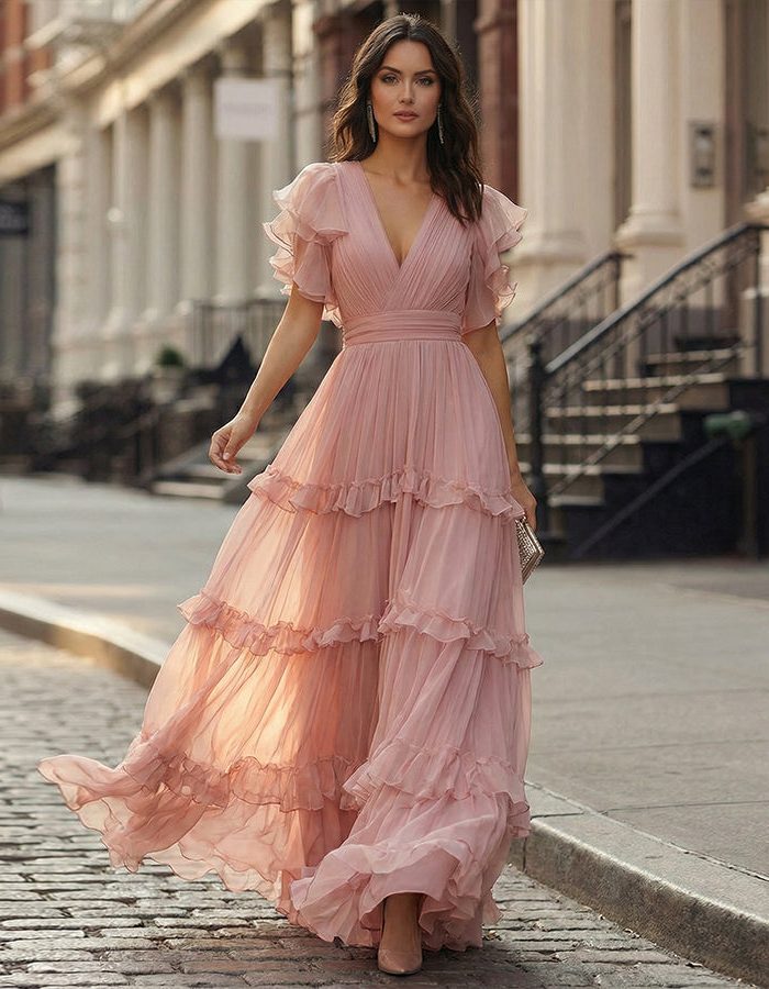 Women's Chiffon Tiered Maxi Dress with Flutter Sleeves and V-Neck - Maisie London