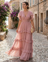 Women's Chiffon Tiered Maxi Dress with Flutter Sleeves and V-Neck - Maisie London