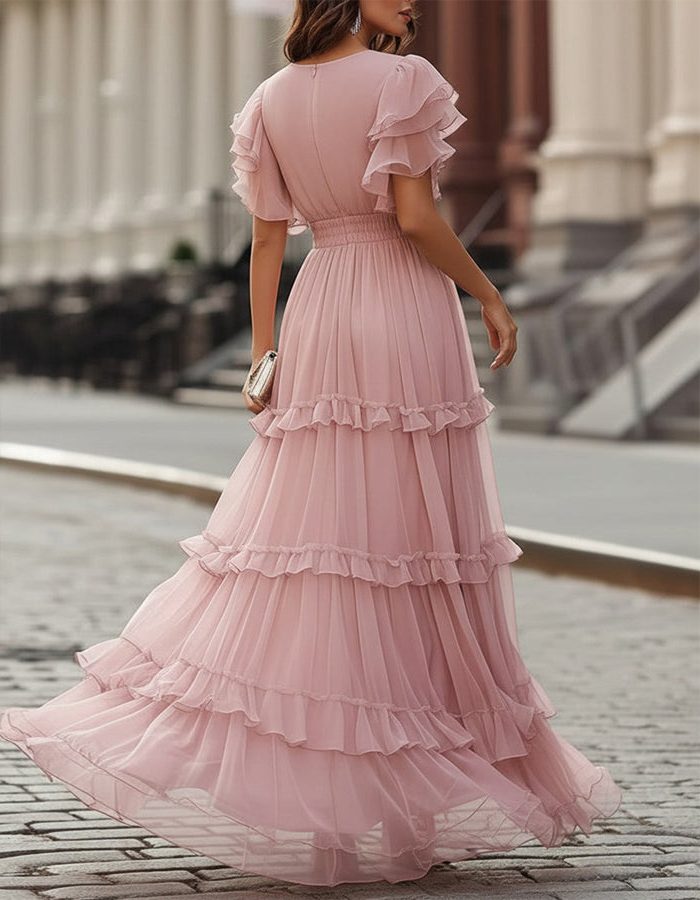 Women's Chiffon Tiered Maxi Dress with Flutter Sleeves and V-Neck - Maisie London