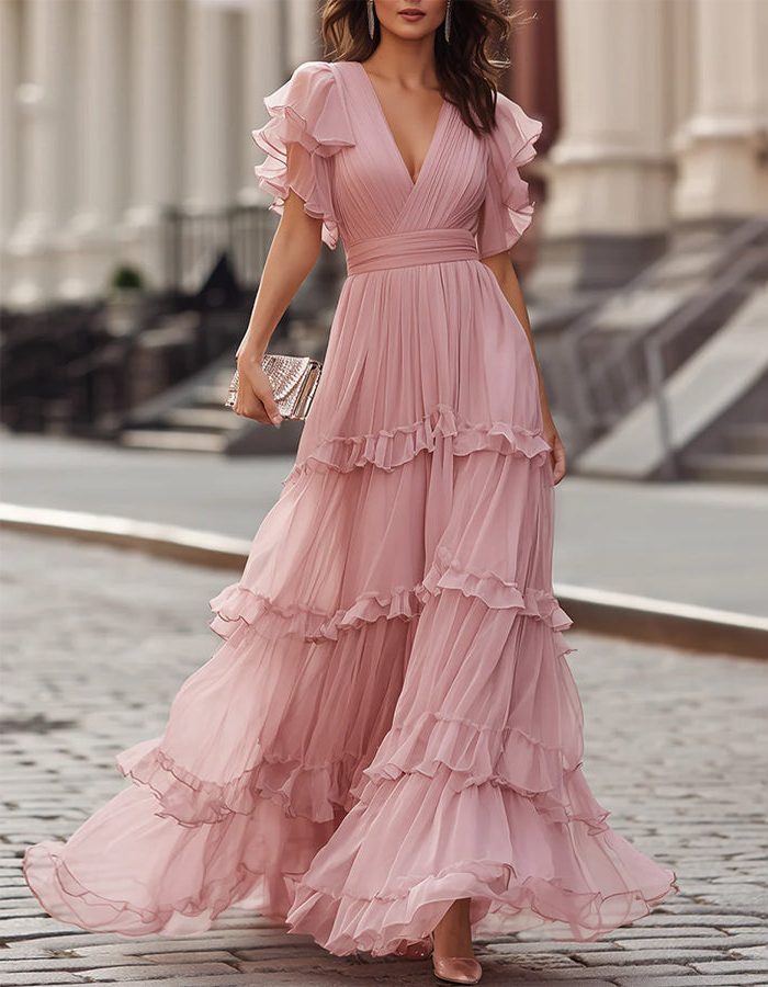 Women's Chiffon Tiered Maxi Dress with Flutter Sleeves and V-Neck - Maisie London