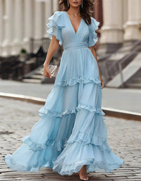 Women's Chiffon Tiered Maxi Dress with Flutter Sleeves and V-Neck - Maisie London