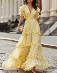 Women's Chiffon Tiered Maxi Dress with Flutter Sleeves and V-Neck - Maisie London