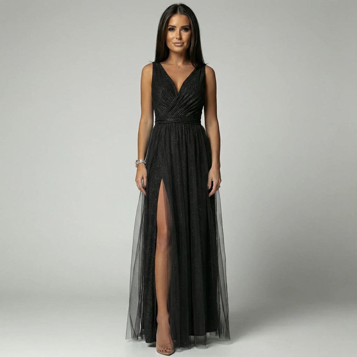 Women's Glitter Mesh Maxi Dress with V-Neck and Front Split - Maisie London