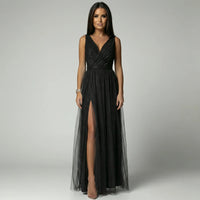 Women's Glitter Mesh Maxi Dress with V-Neck and Front Split - Maisie London