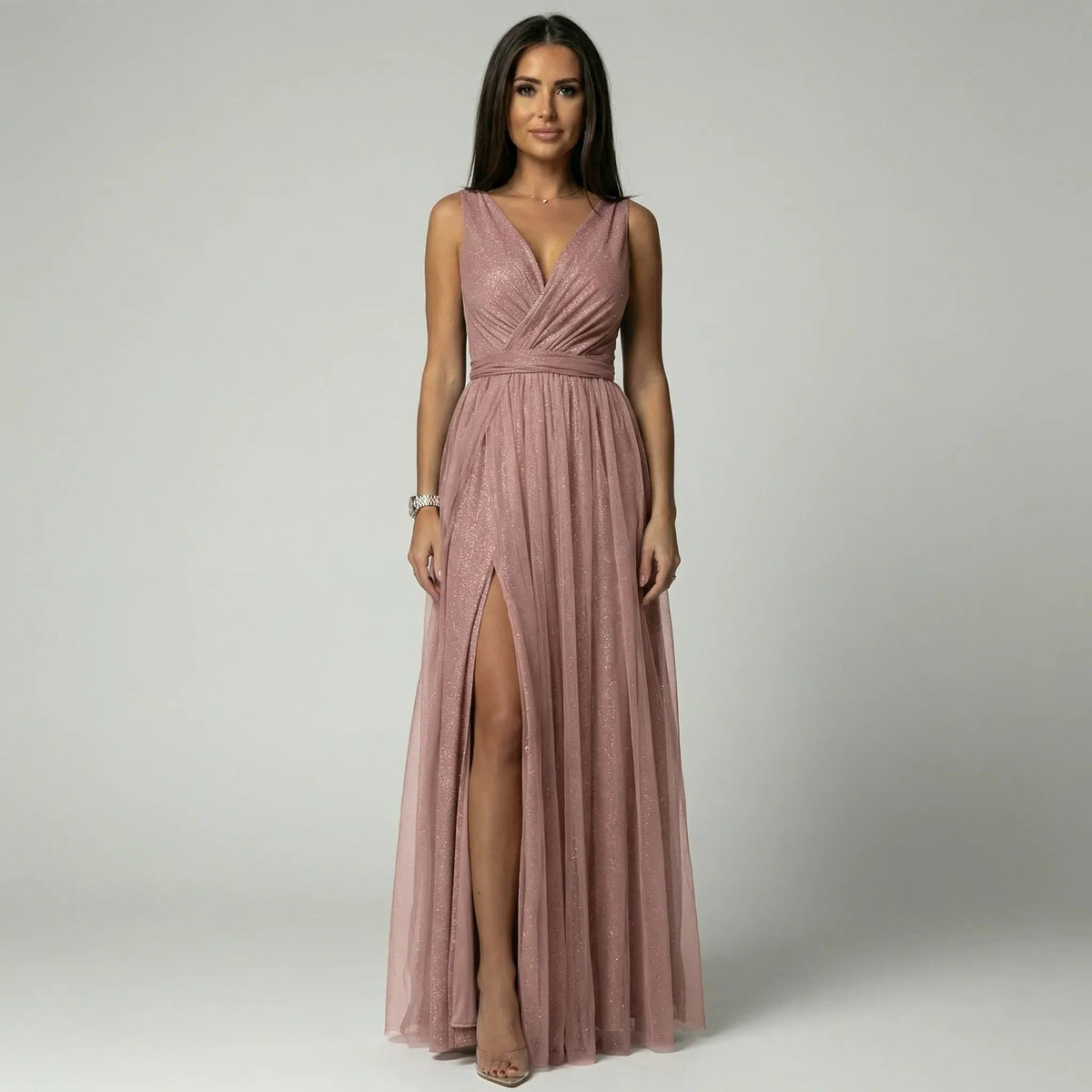 Women's Glitter Mesh Maxi Dress with V-Neck and Front Split - Maisie London