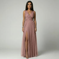 Women's Glitter Mesh Maxi Dress with V-Neck and Front Split - Maisie London