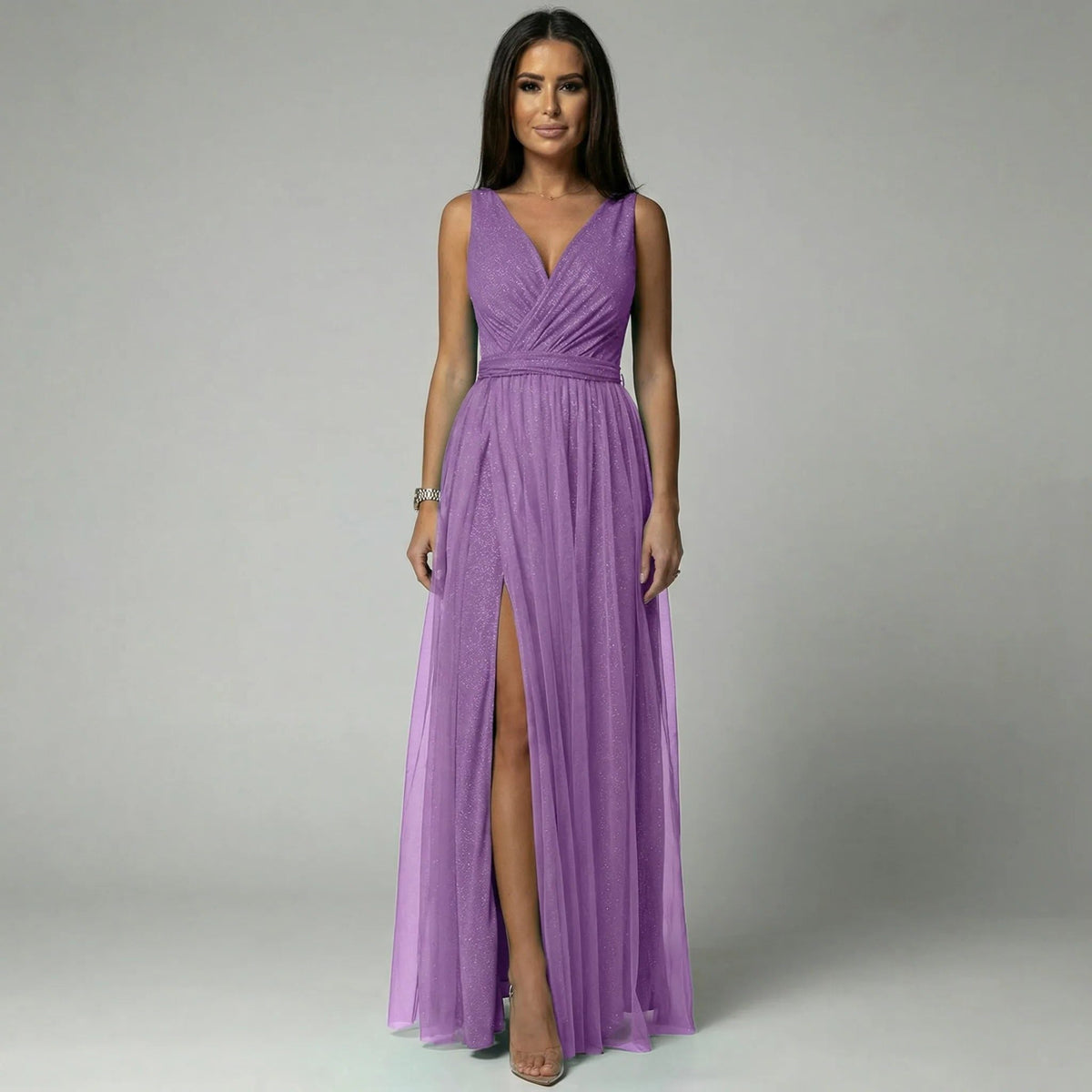 Women's Glitter Mesh Maxi Dress with V-Neck and Front Split - Maisie London