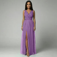 Women's Glitter Mesh Maxi Dress with V-Neck and Front Split - Maisie London