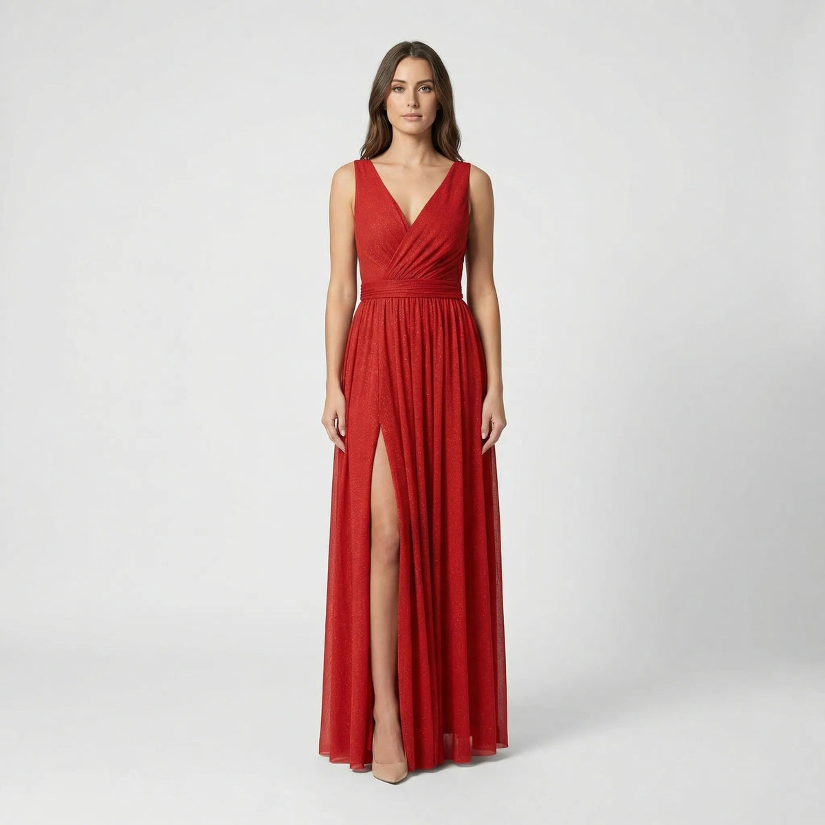 Women's Glitter Mesh Maxi Dress with V-Neck and Front Split - Maisie London