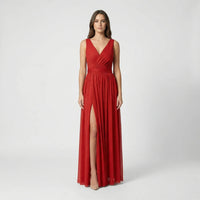 Women's Glitter Mesh Maxi Dress with V-Neck and Front Split - Maisie London