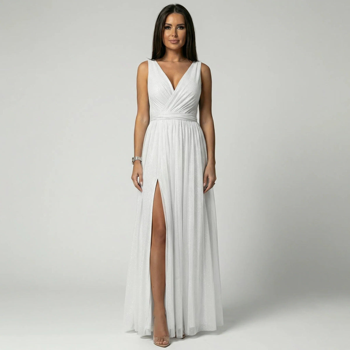 Women's Glitter Mesh Maxi Dress with V-Neck and Front Split - Maisie London