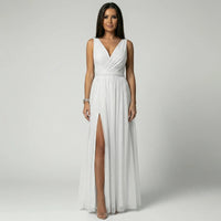 Women's Glitter Mesh Maxi Dress with V-Neck and Front Split - Maisie London