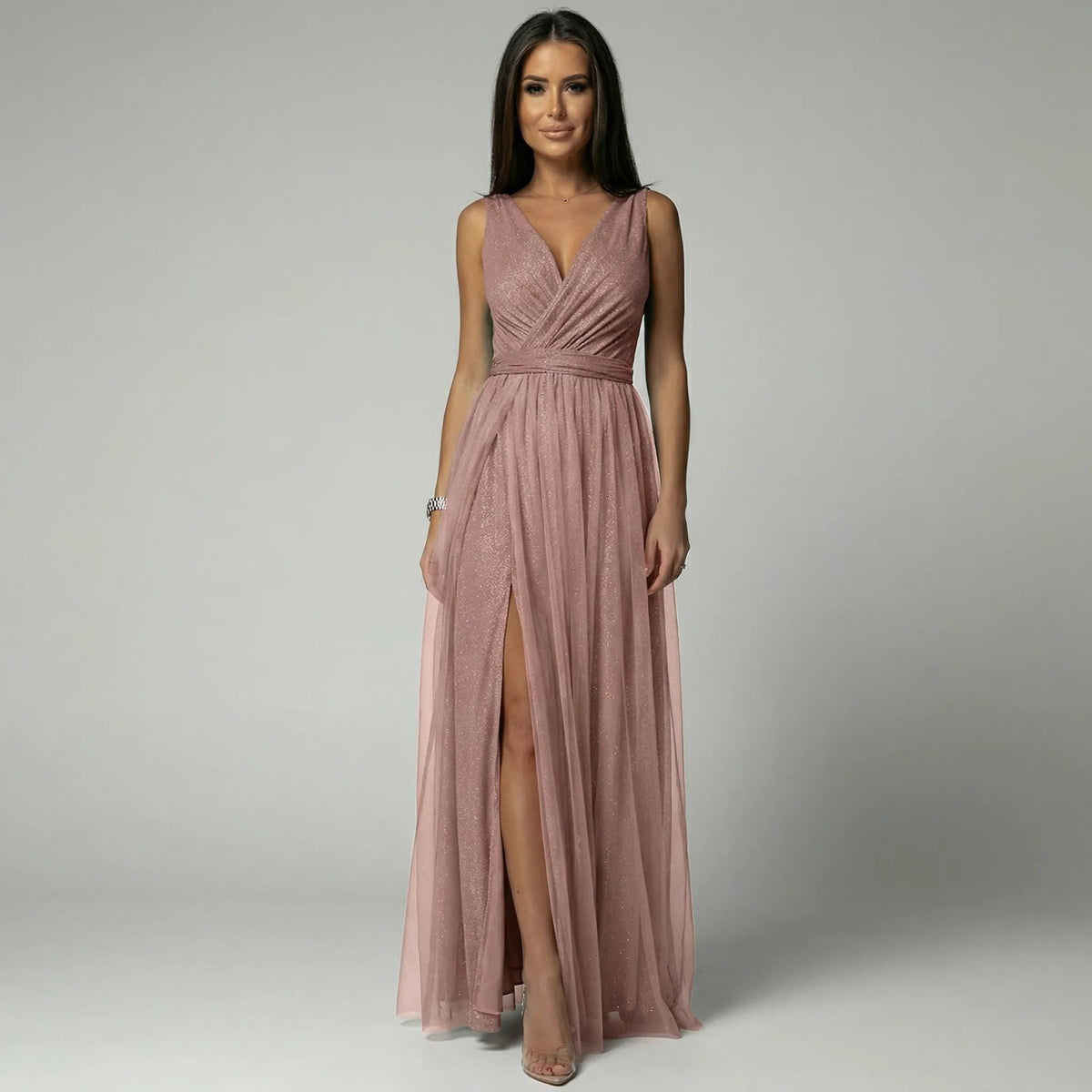 Women's Glitter Mesh Maxi Dress with V-Neck and Front Split - Maisie London