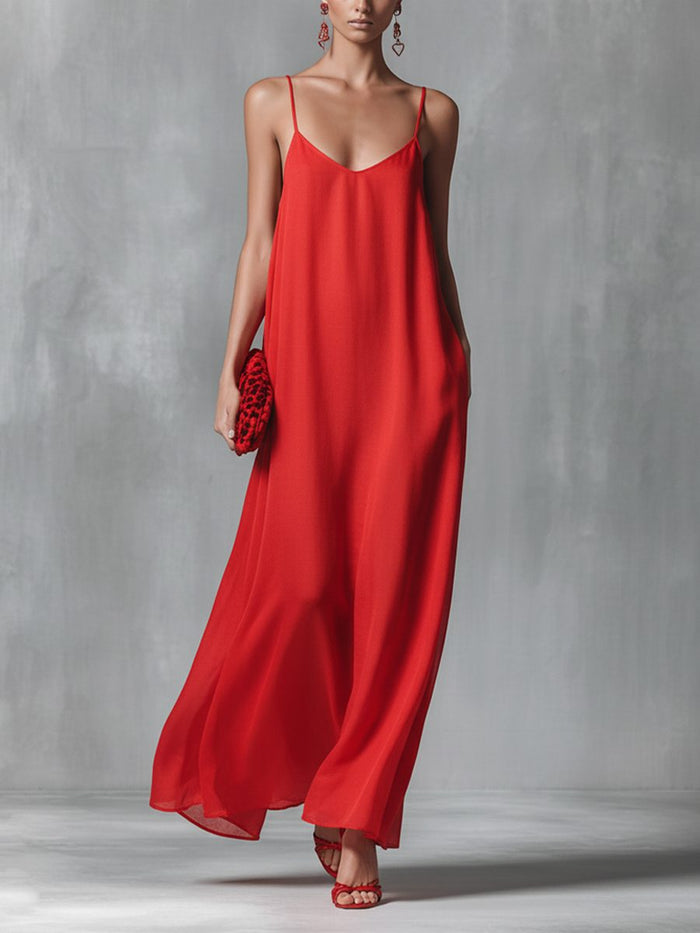 Women's Red Maxi Slip Dress with V-Neck and Spaghetti Straps - Maisie London