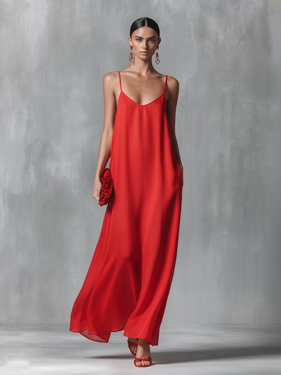 Women's Red Maxi Slip Dress with V-Neck and Spaghetti Straps - Maisie London