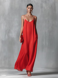Women's Red Maxi Slip Dress with V-Neck and Spaghetti Straps - Maisie London