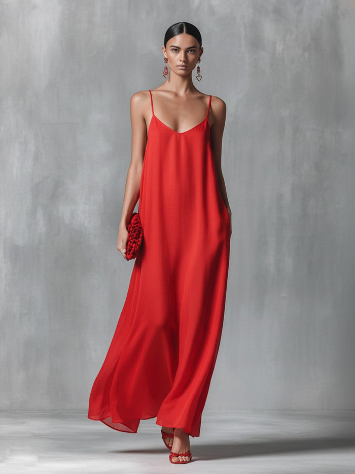 Women's Red Maxi Slip Dress with V-Neck and Spaghetti Straps - Maisie London