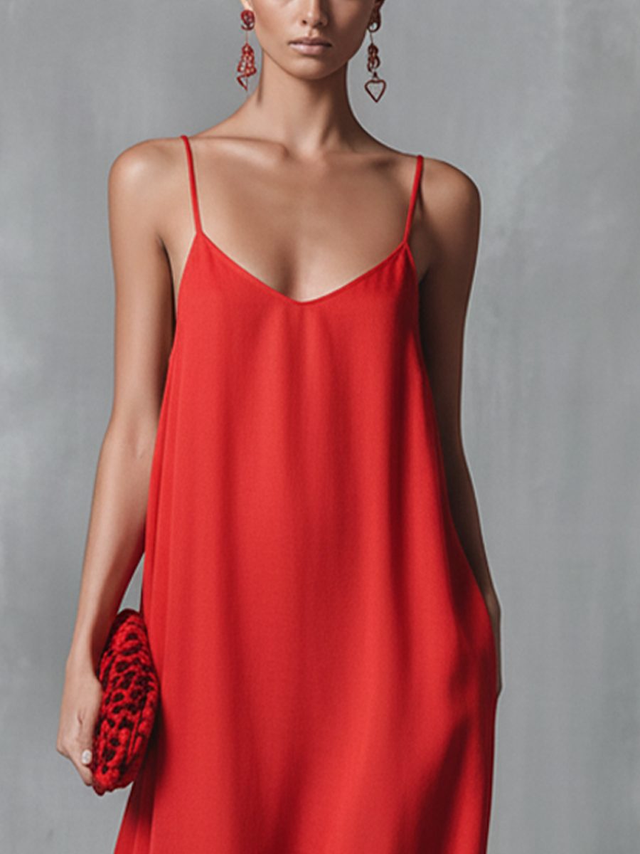 Women's Red Maxi Slip Dress with V-Neck and Spaghetti Straps - Maisie London
