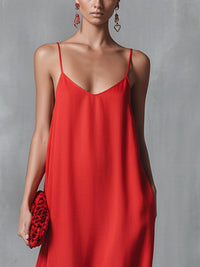 Women's Red Maxi Slip Dress with V-Neck and Spaghetti Straps - Maisie London
