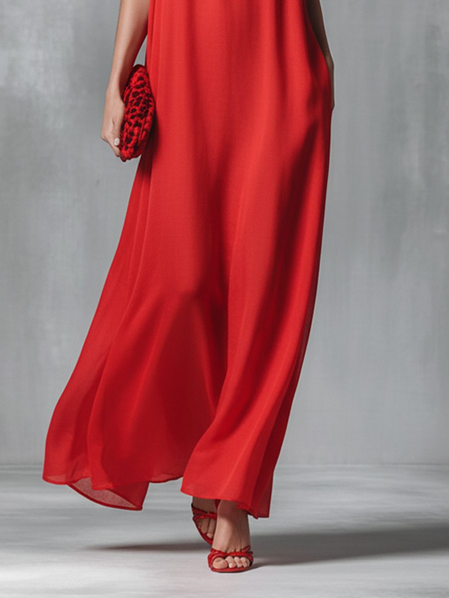 Women's Red Maxi Slip Dress with V-Neck and Spaghetti Straps - Maisie London
