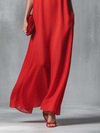 Women's Red Maxi Slip Dress with V-Neck and Spaghetti Straps - Maisie London