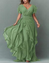 Women's Chiffon V-Neck Maxi Dress with Flutter Sleeves and Ruffles - Maisie London