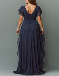 Women's Chiffon V-Neck Maxi Dress with Flutter Sleeves and Ruffles - Maisie London