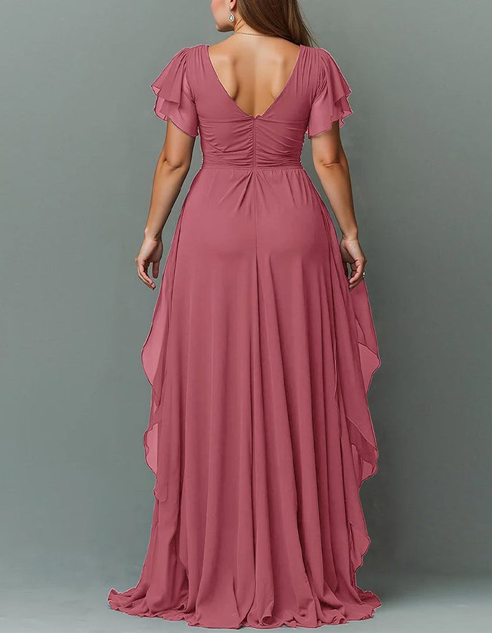 Women's Chiffon V-Neck Maxi Dress with Flutter Sleeves and Ruffles - Maisie London