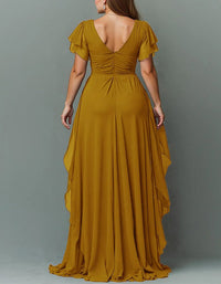 Women's Chiffon V-Neck Maxi Dress with Flutter Sleeves and Ruffles - Maisie London