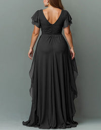 Women's Chiffon V-Neck Maxi Dress with Flutter Sleeves and Ruffles - Maisie London
