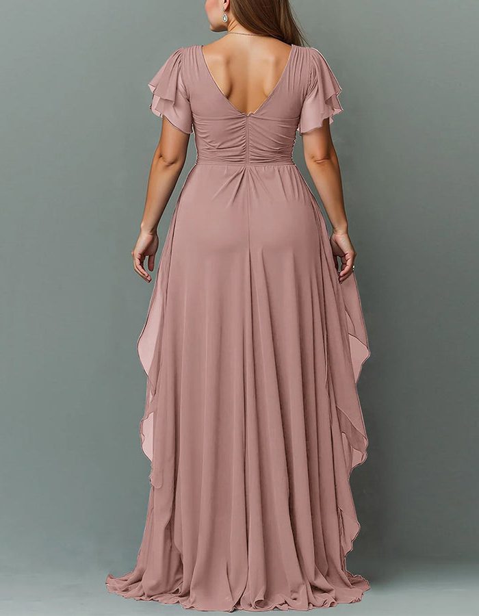 Women's Chiffon V-Neck Maxi Dress with Flutter Sleeves and Ruffles - Maisie London
