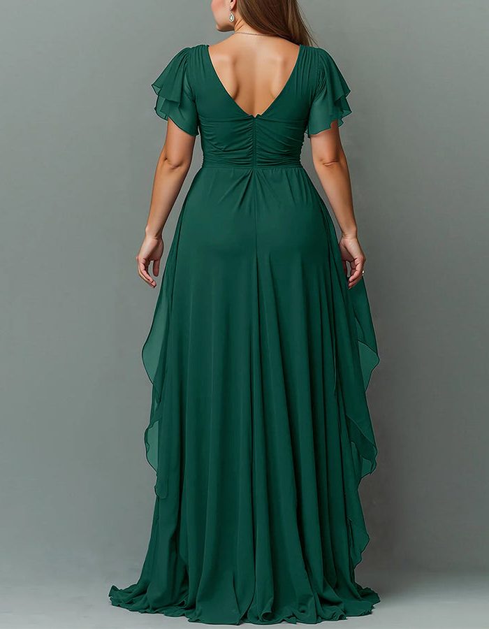 Women's Chiffon V-Neck Maxi Dress with Flutter Sleeves and Ruffles - Maisie London