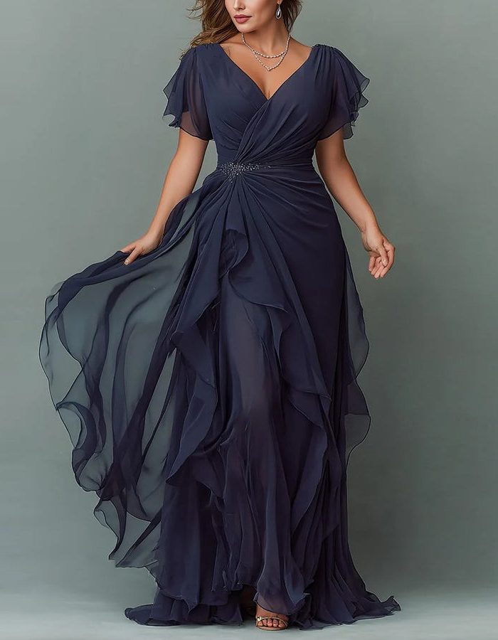 Women's Chiffon V-Neck Maxi Dress with Flutter Sleeves and Ruffles - Maisie London