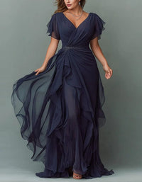 Women's Chiffon V-Neck Maxi Dress with Flutter Sleeves and Ruffles - Maisie London