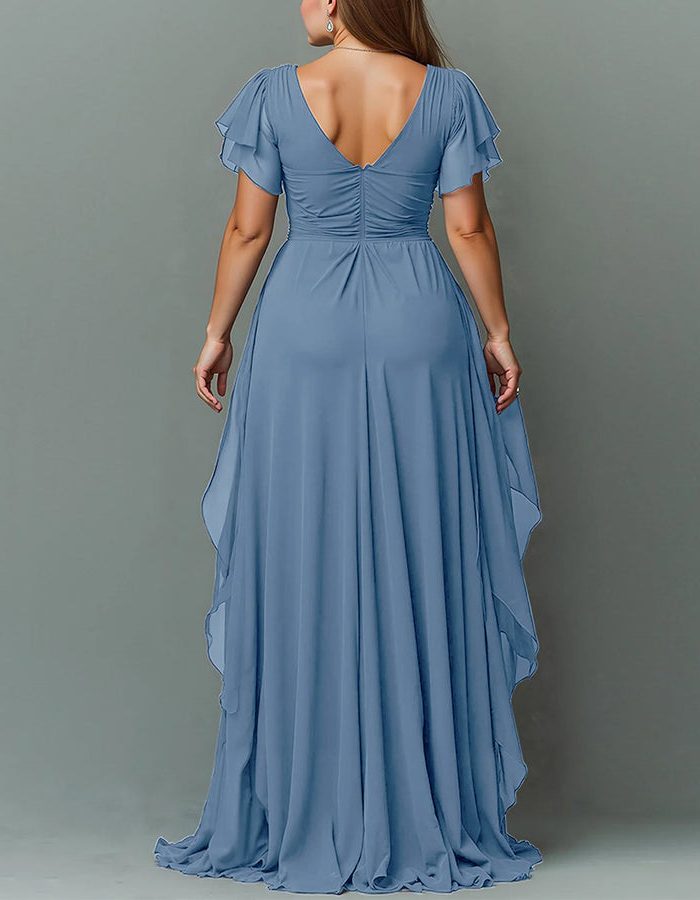 Women's Chiffon V-Neck Maxi Dress with Flutter Sleeves and Ruffles - Maisie London