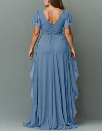 Women's Chiffon V-Neck Maxi Dress with Flutter Sleeves and Ruffles - Maisie London