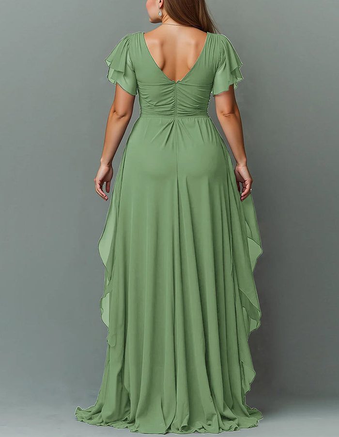 Women's Chiffon V-Neck Maxi Dress with Flutter Sleeves and Ruffles - Maisie London
