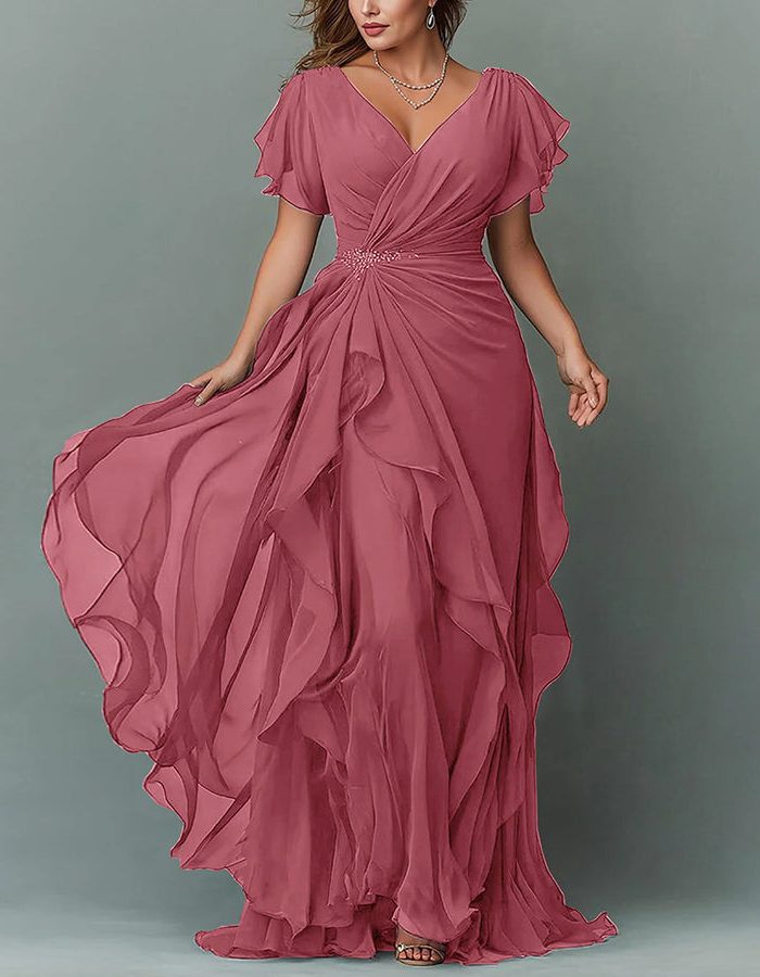 Women's Chiffon V-Neck Maxi Dress with Flutter Sleeves and Ruffles - Maisie London