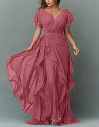 Women's Chiffon V-Neck Maxi Dress with Flutter Sleeves and Ruffles - Maisie London