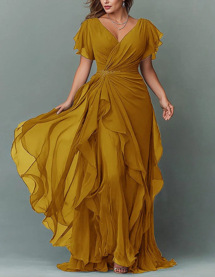 Women's Chiffon V-Neck Maxi Dress with Flutter Sleeves and Ruffles - Maisie London