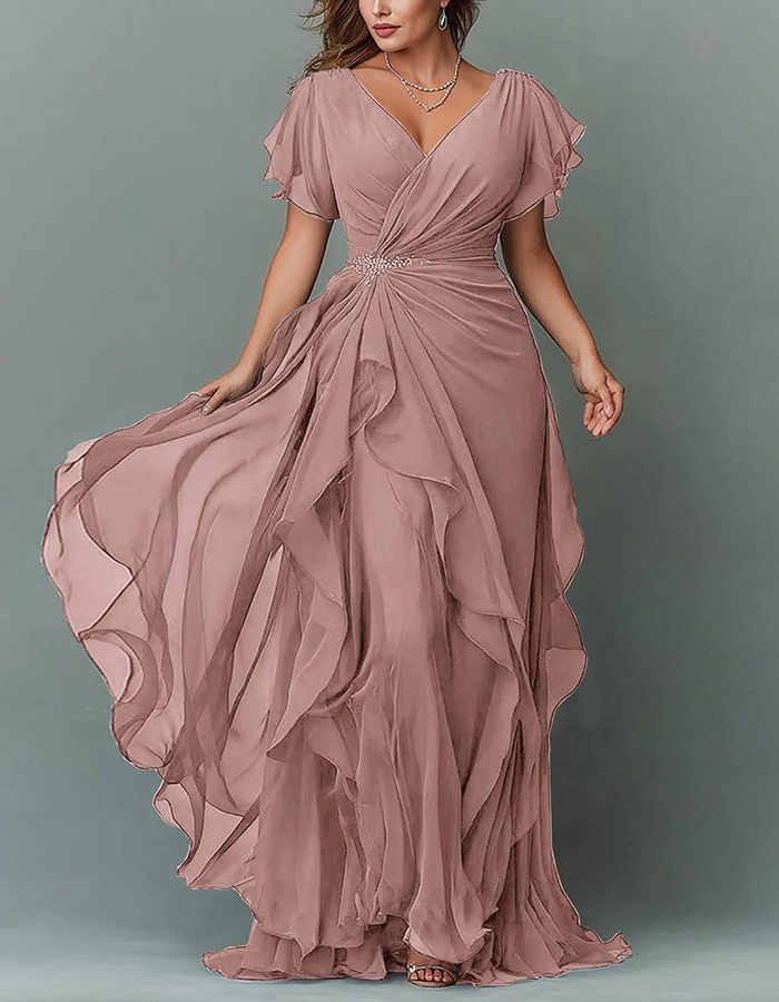 Women's Chiffon V-Neck Maxi Dress with Flutter Sleeves and Ruffles - Maisie London
