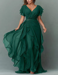 Women's Chiffon V-Neck Maxi Dress with Flutter Sleeves and Ruffles - Maisie London