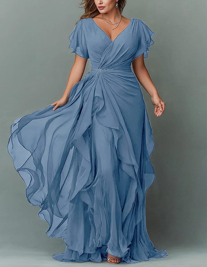 Women's Chiffon V-Neck Maxi Dress with Flutter Sleeves and Ruffles - Maisie London