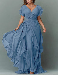 Women's Chiffon V-Neck Maxi Dress with Flutter Sleeves and Ruffles - Maisie London
