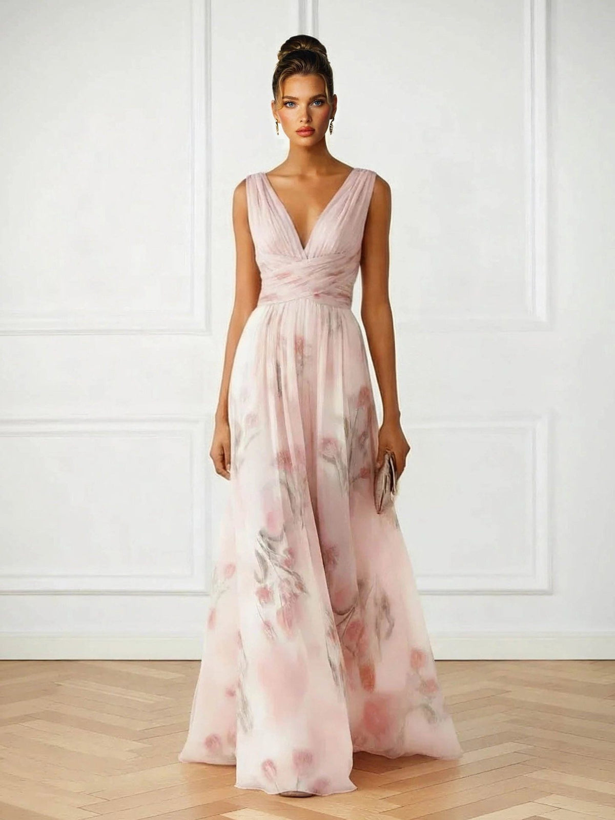 Women's Pink Chiffon Floral Maxi Dress with V-Neck and Wrap Waist - Maisie London