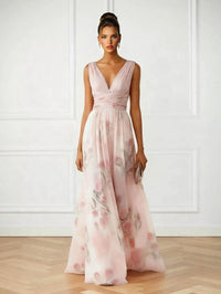 Women's Pink Chiffon Floral Maxi Dress with V-Neck and Wrap Waist - Maisie London