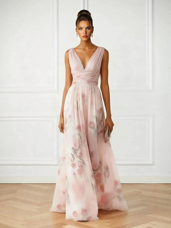 Women's Pink Chiffon Floral Maxi Dress with V-Neck and Wrap Waist - Maisie London